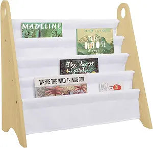 Wildkin Sling Bookshelf for Kids  Modern Wooden Storage with 4 Fabric Shelves & Handles, Organizer for Home or Classroom - Natural White