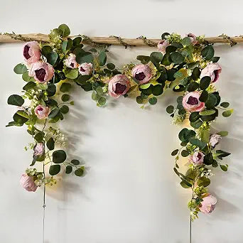 GUOCHENG 2 Pack Peonies Garland Fairy Lights, Eucalyptus Vine Lights Timer