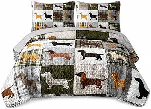 AILONEN Cute Dachshund Dog Quilt Bedding Set Twin Size with 2 Pillowcases,Puppy Theme Patchwork Plaid Bedspread Coverlet,3Pcs Rustic Animal Quilt Set for All Season,Soft Lightweight