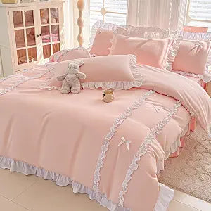 IHOUSTRIY Ruffle Duvet Cover Twin Size, Cute Bedding Set Set with Bow, 2 Pieces White Ruffle Comforter Cover with Zipper and Ties, Princess Girl Bedding - Peach, Twin