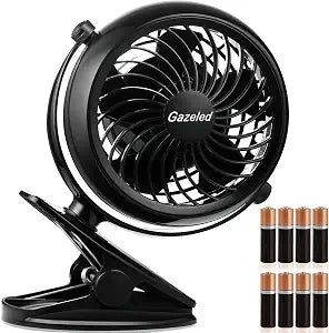 Gazeled Clip on Fan Battery Operated, 360 Rotation, with 8 Free AA Batteries, Quiet USB or Battery Operated Fan, 5'' Portable Battery Powered Clip on Fans for Camping, Stroller, Bedroom, Outdoor