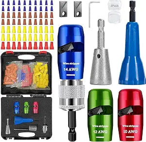 10-14 AWG Wire Stripper & Wire Twister Tool for Drill, with 2 Replacement Blades & 70 Wire Nuts, Fits 1/4" Hex Shaft, AWG 14-12-10 Cable Stripper kit with Storage Case for Wiring Projects & DIY