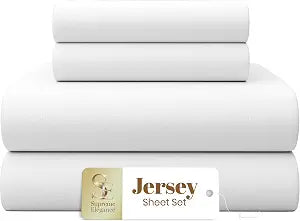 SUPREME ELEGANCE White Jersey Knit 4-Piece Queen Sheet Set, T-Shirt Bed Sheets with Soft Cotton Blend Heather Fabric, Wrinkle-Resistant, Deep Pocket Fitted Sheet, All-Season Queen Bedding Set