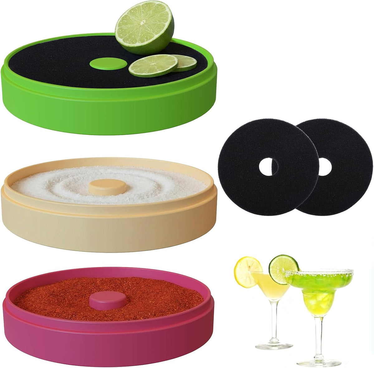Margarita Salt Rimmer Set, 3-Tier Glass Rimmer Holds Lime Juice Salt Sugar, Easy-Clean Bar Accessories with 2 Sponges, Salt Rimmer for Cocktail Margarita Glasses & Drink Decorations