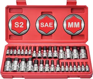 Masater Hex Bit Socket Set, Allen Socket Set, S2 Alloy Steel Combine with Cr-V, 32-Piece, 1/4'', 3/8& 1/2'' Hex Drive Sockets, SAE & Metric, 5/64 to 3/42mm to 19mm