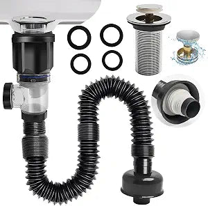 Bathroom Sink Drain kit Black,That can be Used with or Without Overflow,Bathroom Sink Drain with Strainer Basket Hair Catcher and pop-up Stopper for 1-1/4'' & 1-1/2'' RuQiankun