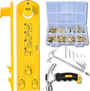 Picture Hanging Kit 300 Pcs Heavy Duty - Supports 75 lbs, Dual Hammers w/ Multi-Tool, Level Tool - Wall Hardware Set for Photos & Frames.