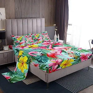 Erosebridal Pink Flamingo Bed Sheets Set Full Size for Girls Women Tropical Flamingo Sheet Set, Green Botanical Palm Leaves Print Fitted Sheet Summer Theme Flat Sheet 4 Pcs with 2 Pillowcases