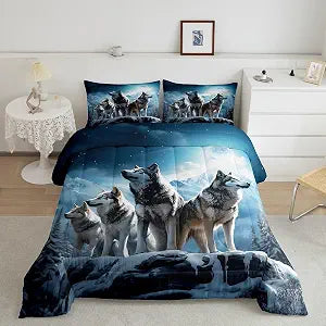 Homewish 3D Wolf Comforter Set Twin Size,Wild Animals Bedding Set 2Pcs for Kids Boys Men Adult Bedroom Decor,Winter Mountain Scenery Quilt Set Nature Theme Luxury Blue Grey Duvet Insert,1 Pillowcase