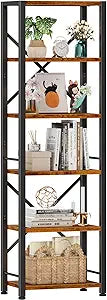 Furologee 6 Tier Bookshelf, Tall Narrow Bookcase, Rustic Brown