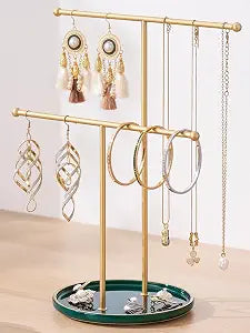 Jewelry Stand with Ceramic Tray, Necklace Holder, Gold Bar Green Base