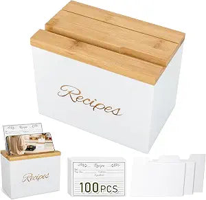Recipe Box with Recipe Cards & Dividers, Bamboo, Built-in Phone Holder