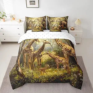 Erosebridal Giraffe Comforter Set King Safari Giraffe Family Bedding Set for Kids Boys Adults African Wild Animal Bed in A Bag 7 Piece Wildlife Theme Room Decor,Jungle Trees Reversible Bed Set