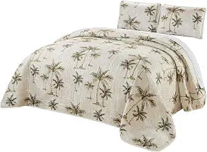GrandLinen - 2-Piece Fine Printed Oversize (66 X 88) Tropical Palm Tree Quilt Set Reversible Bedspread Coverlet Twin/Twin XL Size Bed Cover (Beige, Sage Green, Brown)