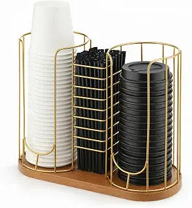 Geelin 18oz Adjustable Coffee Cup Dispenser with Wooden Base, Cup and Lid Holder, Cups Holder Organizer for Coffee Pod Straw and Lid Storage(3-compartment Single,Color 2)