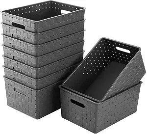 Bekith 9 Pack Woven Plastic Storage Basket, Organizing Pantry Storage Bins for Toys, Accessories, Bedroom, Classrooms, Office, School, 9.8" L x 7" W x 4.4" H, Grey