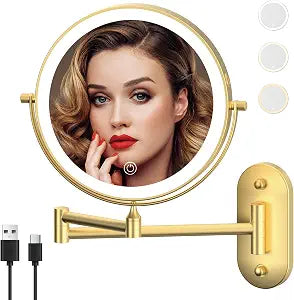 8" Wall Mounted Lighted Makeup Mirror,Oval Base, 10X, Gold