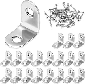 QWORK 20 PCS Corner Braces, 1" x 1" (25x25mm) 2mm Thick Stainless Steel Right Angle Bracket, 90 Degree L Brackets with Countersunk Holes, Screws Included for Wood Shelves & Furniture Repair