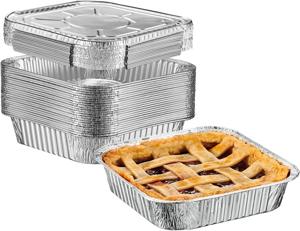 GUSTO 8x8 Square Foil Pans with Lids - [25 Sets] Disposable Food Containers Perfect for Baking, Cooking, Heating, Storing, Broiling, Preparing Food - Formerly Comfy Package