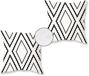 White and Black Outdoor Pillow Covers 18x18 Waterproof Geometric Boho Pillows Patio Furniture Cushion Case Set of 2