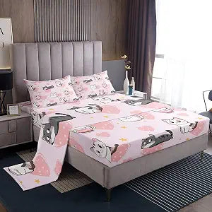 Erosebridal Twin Cartoon Cat Bed Sheets Set for Kids Boys Girls,Lovely Cats Sheet Set,Love Heart Sheets,Cute Kitten Pet Animal Flat Fitted Sheet with 1 Pillowcase,Deep Pockets