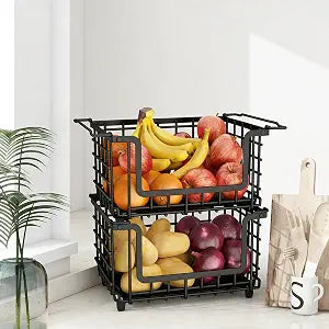 2 Pack Stackable Metal Wire Vegetable Fruit Basket for Kitchen Counter Cabinet, Pantry Organizers and Storage Basket, Food Can Snack Onion Potato Bread Storage Shelf Freezer Organizer Bins Containers