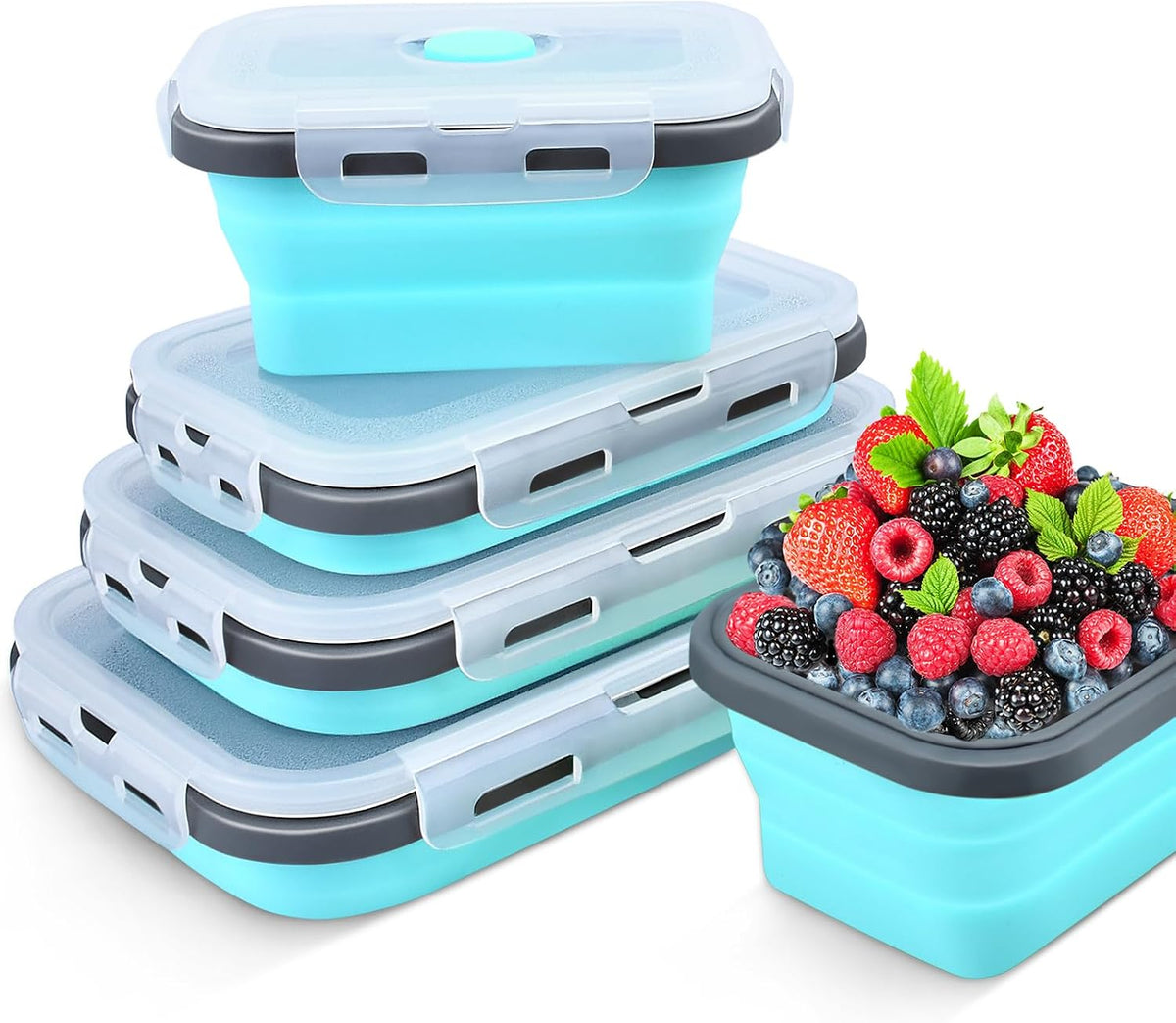 Collapsible Food Storage Containers with Lid & Air Vent, 4 Pack Rectangular Foldable Collapsible Storage Containers Sets, Lunch Bowls for Camping, Travel, Microwave Freezer Dishwasher Safe