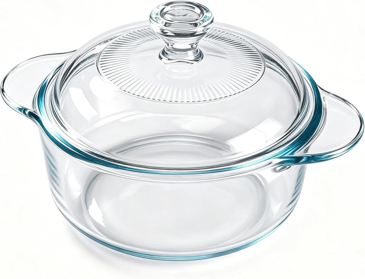 FOYO 1Qt Borosilicate Glass Casserole Dish with Lid, Single Serving Round Tempered Glass Baking Dish with Handles, Oven & Microwave Safe for Cooking, Baking, Serving & Food Storage