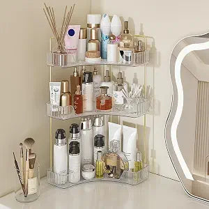 Webetop 3-Tier Corner Bathroom Counter Organizer, Gold Metal Frame, Clear