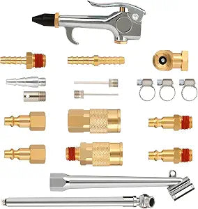 Hromee Air Hose Fittings 1/4 Inch NPT Brass Quick Connect Coupler and Plug, 20 Pieces Air Compressor Accessory Kit with Blow Gun and Tire Gauge