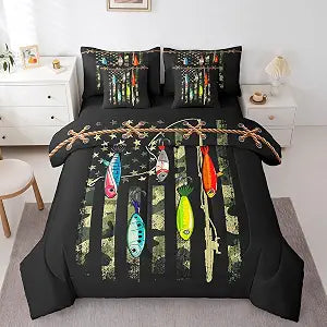 Castle Fairy Fishing Lure Kids Comforter Set 7 Piece Twin Size,Green Camouflage American Flag Reversible Quilt Set,Camo Fish Print Fisherman Style Bedding Set with Comforter,Sheet,Pillowcase