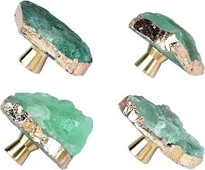 Green Fluorite Stone Drawer Cabinet Knobs Healing Crystal Knobs Handles Gold Plated Gemstone Cupboard Pulls Decorative for Home Office 4 Pack