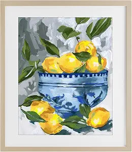 Indigo Lemon Bowl Still Life, 13 x 16 Inch Framed Print Under Glass