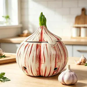 5.35" Large Ceramic Garlic Keeper with Lid, Unique Garlic Shape Container