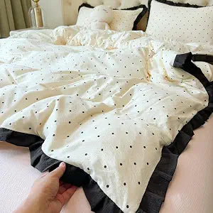Ruffle Duvet Cover Twin Size, 1 Beige Duvet Cover with 2 Pillowcases, Cute Comforter Cover with Polka Dot, Soft Breathable Bedding Set for Women Girls (Comforter or insert not included) (Twin 68"x90")