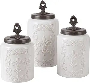 American Atelier Ceramic Kitchen Canister Set Fleur De Lis w/ Lids, 3 PC
