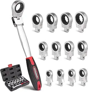Flex Head Ratcheting Wrench Set, 8-19mm Ratchet Wrench Set with Interchangeable Heads for Mechanic Repair