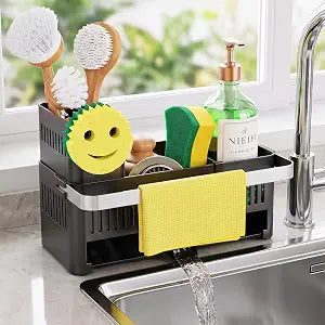 Nieifi Sponge Holder, Black Rustproof ABS Sink Caddy with Towel Rack