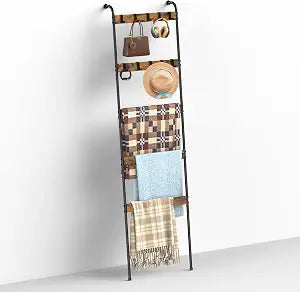 Blanket Ladders for the Living Room 5 Tier Towel Ladder for Bathroom with 10 Removable Hooks Wall Leaning Quilt Rack for Bedroom Display Rustic Farmhouse Home Decor, Rustic Brown
