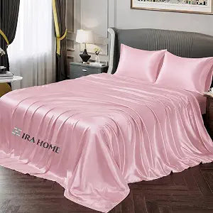 Satin Sheets Queen Size Set, 16 inches Deep Pocket Luxury Silky Bedding, Extra Soft Cooling Breathable Wrinkle & Fade Resistant Bed Sheets, Moisture-Wicking 4 Piece Bedding Set - Pink