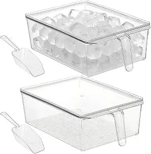 2 Set Large Ice Bin for Freezer with Lid and 2 Scoop Set, Plastic Freezer Ice Bin with Pull-Out Handle Clear Storage Bucket Kitchen Food Storage Organizer for Home Office Fridge Kitchen
