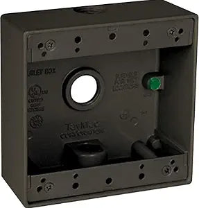 TayMac 4.5 x 4.5 Inch 2-Gang Bronze 2-in. Deep Weatherproof Junction Box with Three .5-inch Threaded Holes DB350Z, Outdoor Electrical Box for Outdoor Outlets or Branch Circuit Wiring