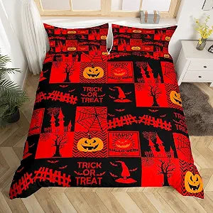 Halloween Theme Duvet Cover,Kids Black and Red Bedding Set,Pumpkin Lantern Comforter Cover for Boys Girls Room Decor,Bats and Skeletons Bedspread Cover Twin Size with 1 Pillow Case(No Comforter)