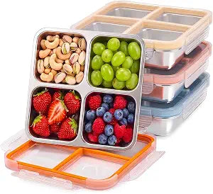 4 Pack Stainless Steel Snack containers, Leak-Proof, 4 Compartments, 3 Cups