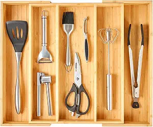 Umilife Expandable Kitchen Drawer Organizer, 2.5" High Bamboo Utensils Silverware Tray, Adjustable Large Deep Wood Organization Holder