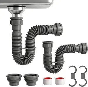 TEHAUX 2 Pack Flexible Drain Pipe Kit, Expandable Sink Drain Hose Fits 1-1/2 to 1-1/4 Pipe, 13"-31.4" Flexible P Trap Kit for Bathroom & Kitchen Plumbing Under Sink Replacement