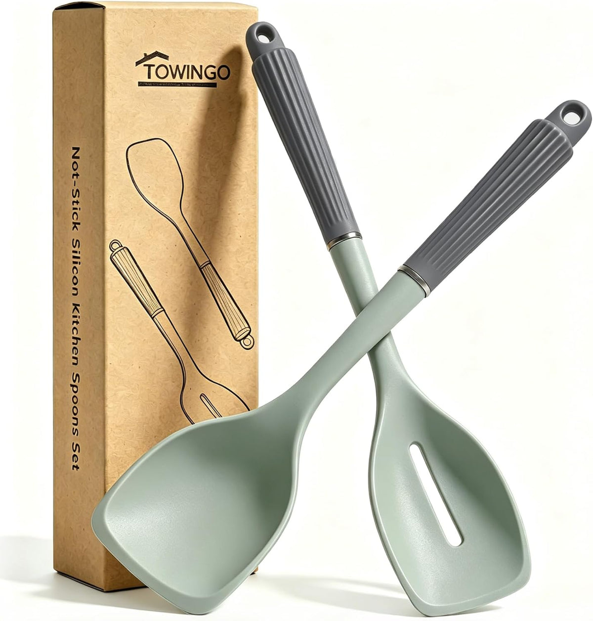 13Inch Silicone Cooking Spoon Spatula, Large Rubber Solid Slotted Spoon Set
