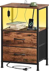 Somdot Nightstand with 2 Drawers, Charging Station & LED Light