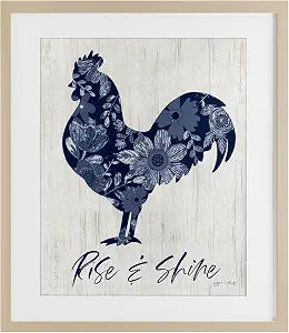 Rooster Floral Farmhouse Morning, 13 x 16 Inch Framed Print Under Glass