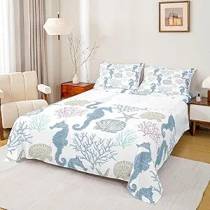 Erosebridal Sea Coastal Bed Sheets Queen Size,Seahorse Starfish Conch Shells Marine Life Ocean Sheet Set for Boys Girls,Under The Sea Animals Fitted Sheet,Multicolor Sketch Style Beach Theme Bed Set